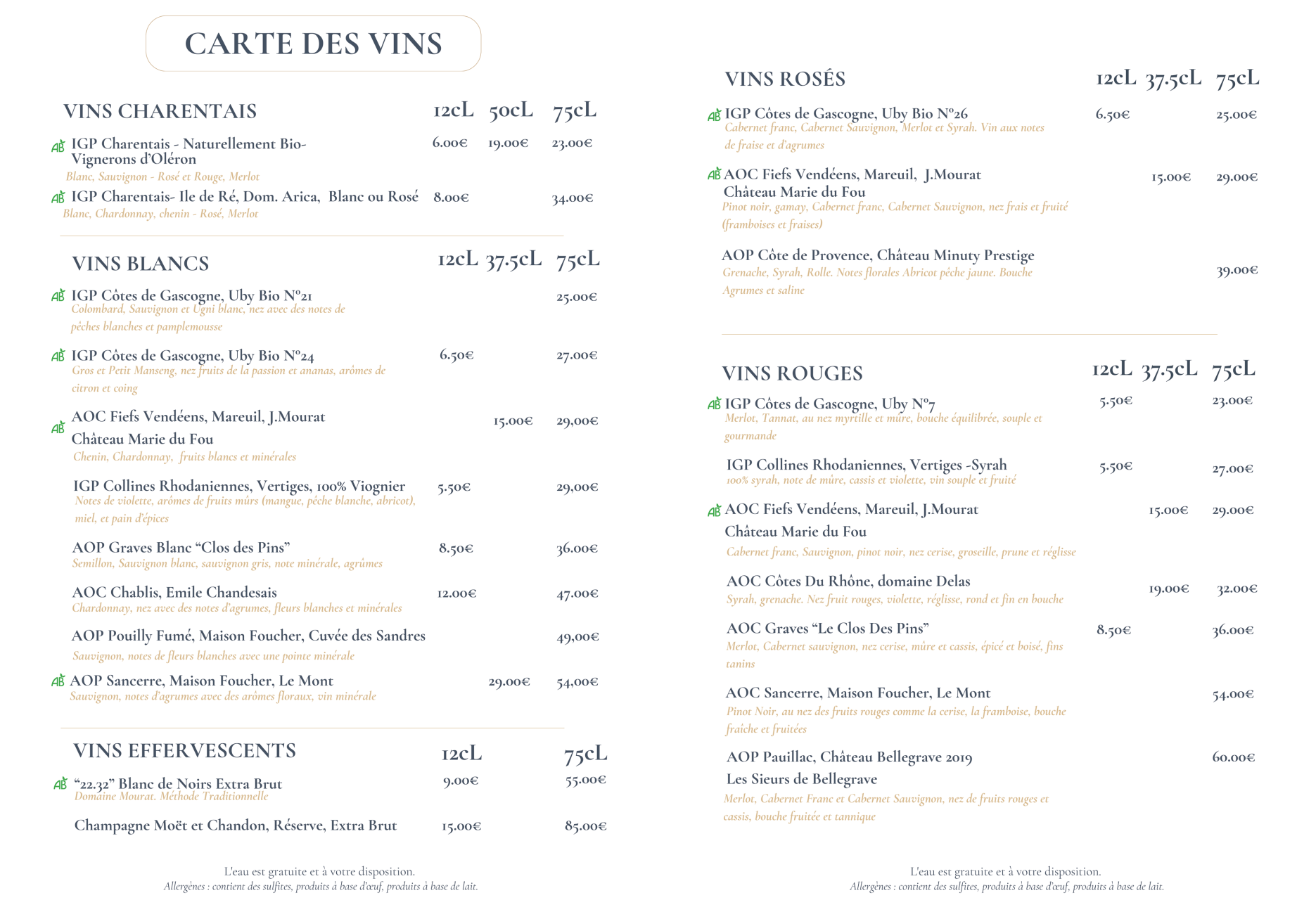 La Carte - Brasserie La Haut - Restaurant poisson La Rochelle