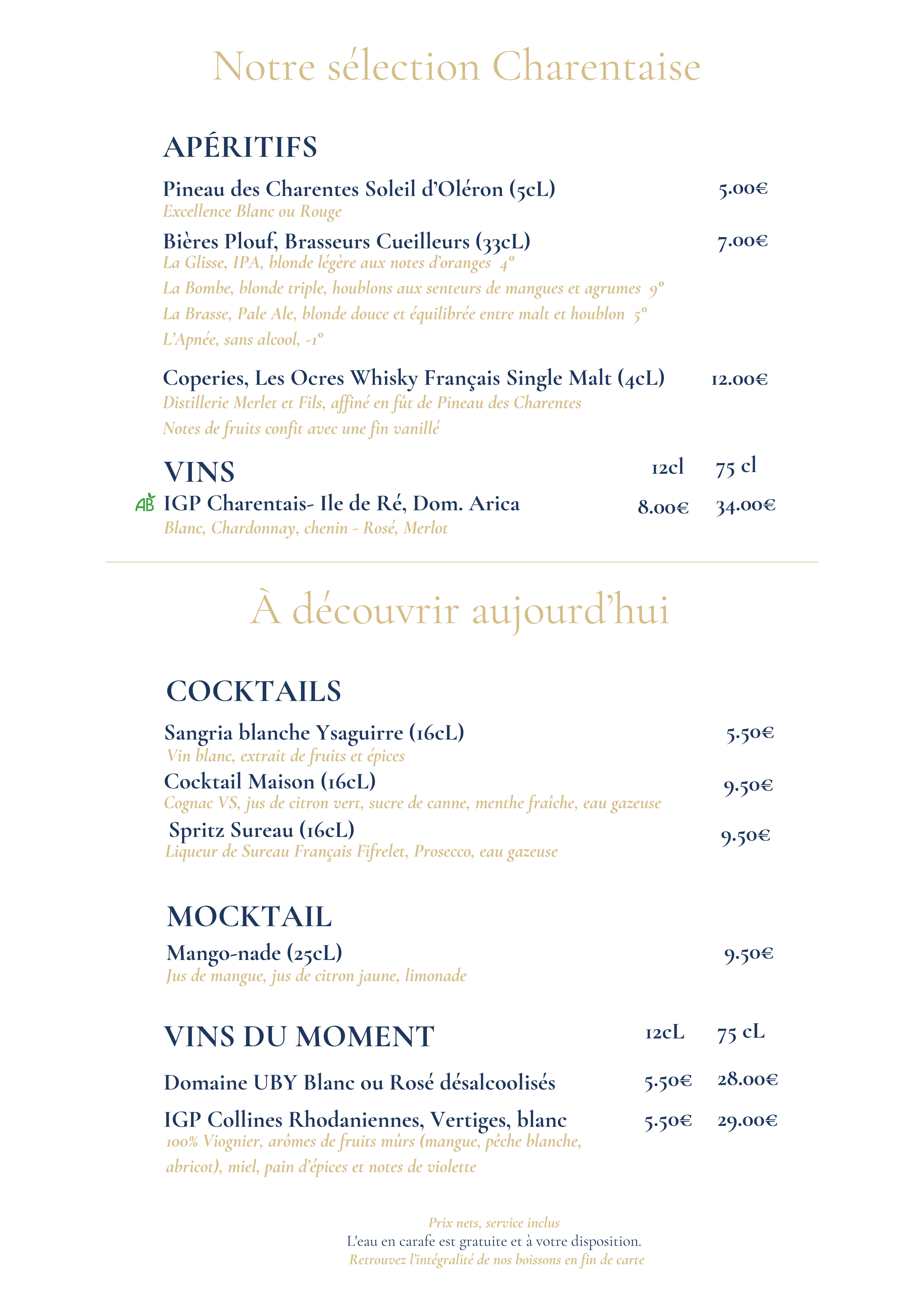 La Carte - Brasserie La Haut - Restaurant poisson La Rochelle